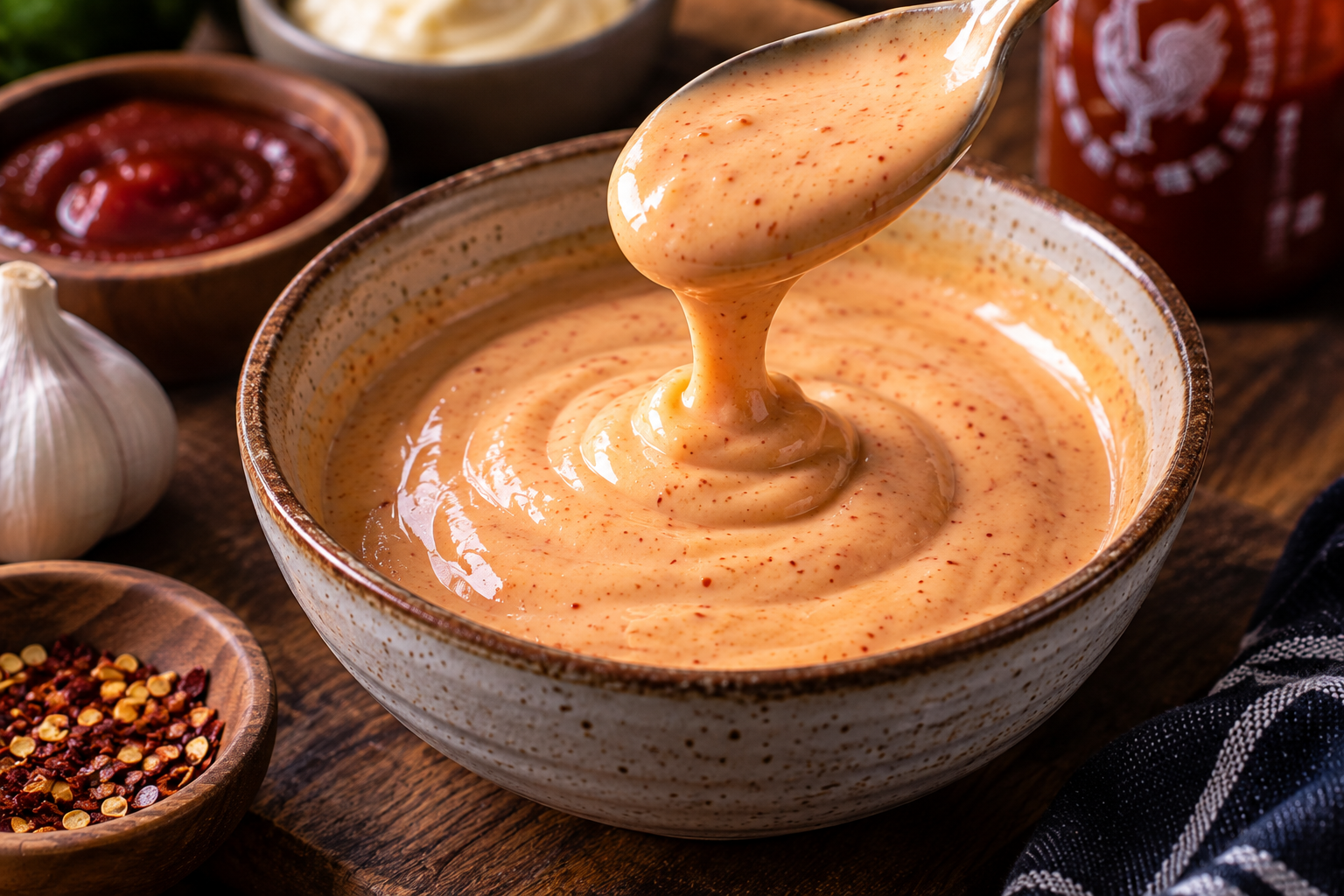 Homemade yum yum sauce in a ceramic bowl with a creamy pale orange texture