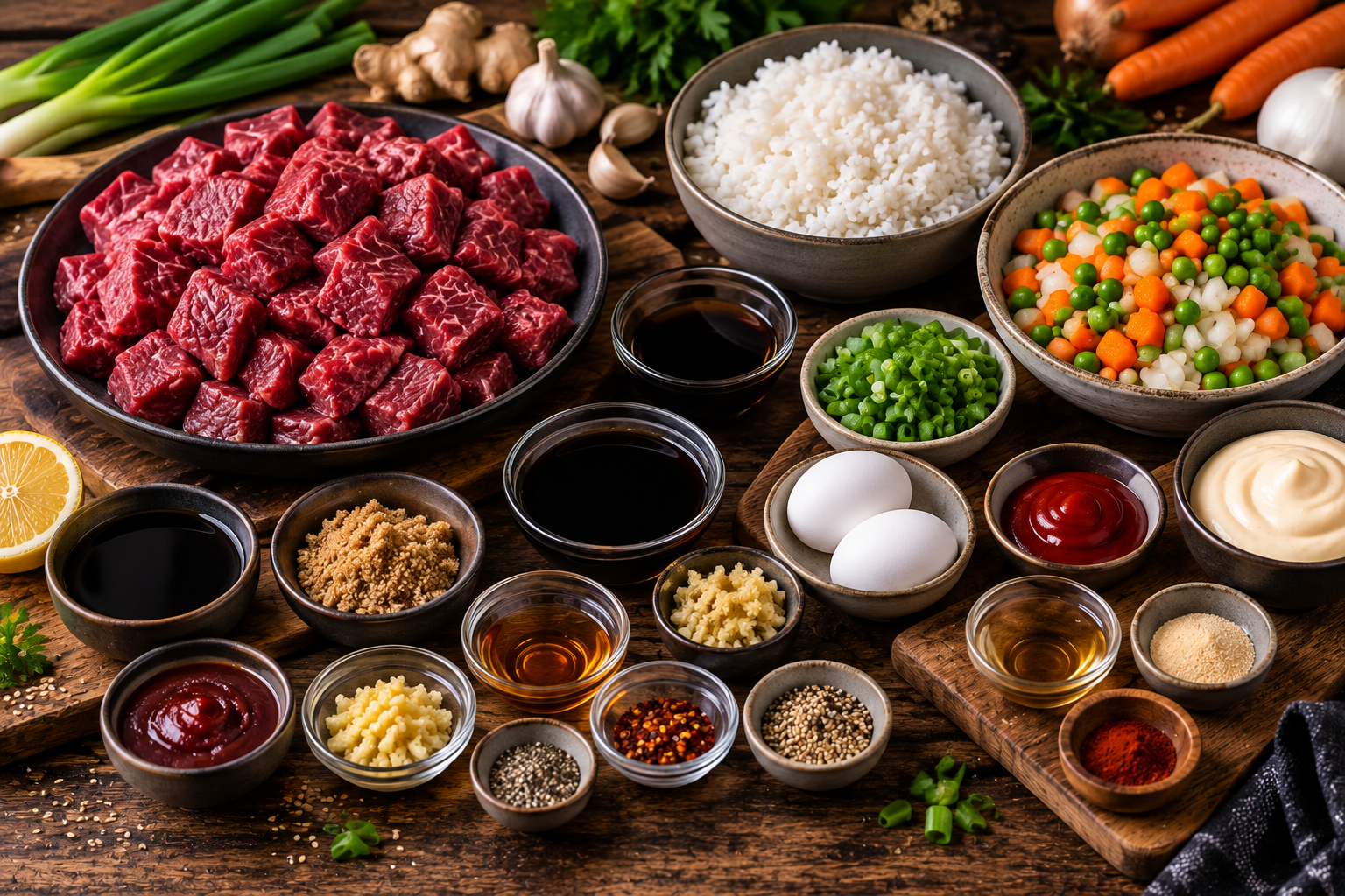 Ingredients for Korean BBQ steak bites with vegetable fried rice and homemade yum yum sauce arranged on a rustic table