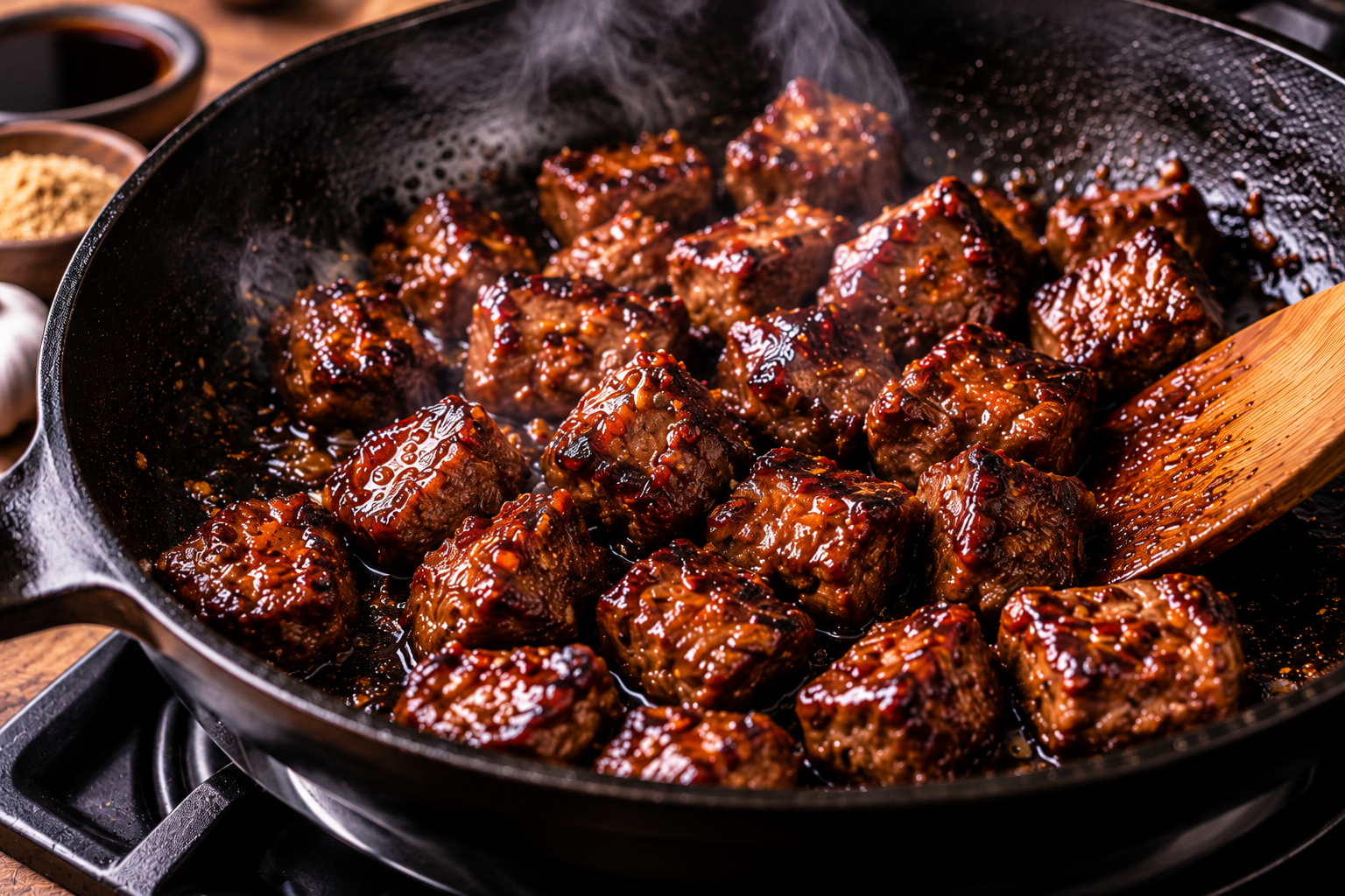 Korean BBQ steak bites sizzling in a cast-iron skillet with a glossy savory-sweet glaze