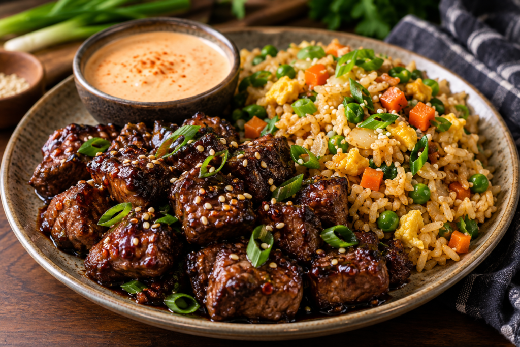 Korean BBQ steak bites with sesame and green onions served with vegetable fried rice and homemade yum yum sauce