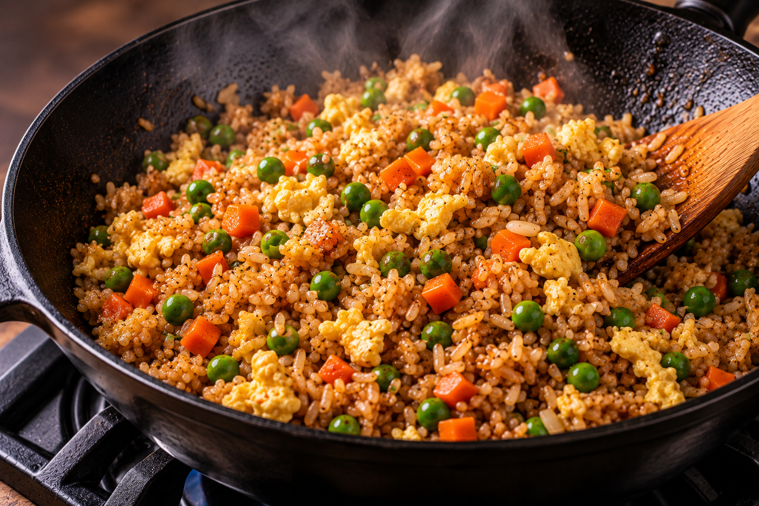 Vegetable fried rice with egg, peas and carrots cooking in a hot wok
